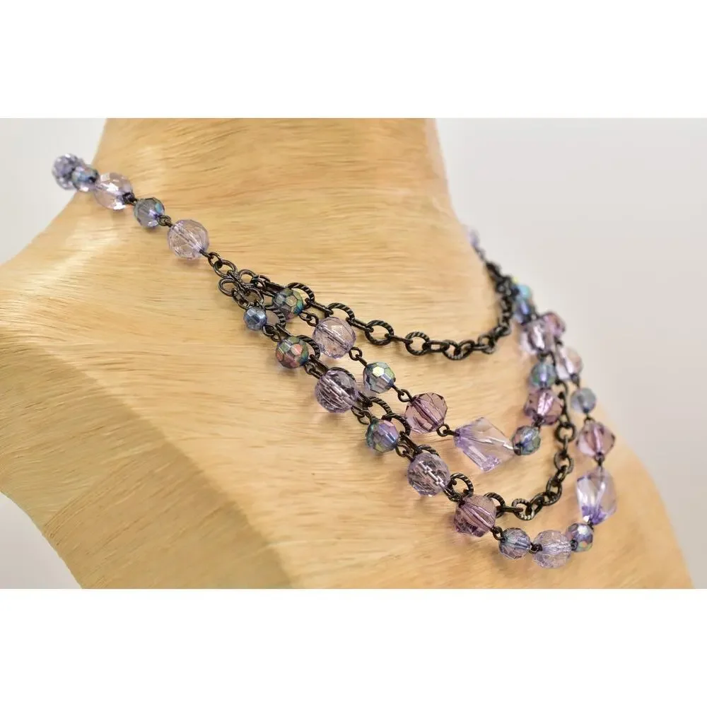 2028 Vintage Necklace Crystal Beaded Collar Purple Gunmetal Signed 1990s BinBD